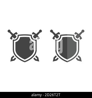 Shield and crossed swords vector icon. Sword and shield black glyph symbol. Stock Vector