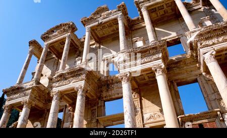 Ephesus Celsus Library ruins against blue sky Stock Photo