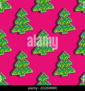 Seamless pattern. Christmas pixel tree on pink Stock Vector