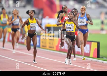 Halimah Nakaayi (Uganda), Natoya Goule (Jamaica), Ce'Aira Brown (USA). 800 Metres Women, Semi-final. IAAF World Athletics Championships, Doha 2019 Stock Photo