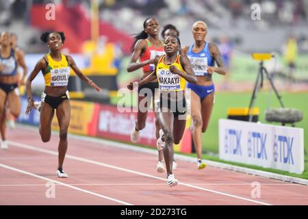 Halimah Nakaayi (Uganda), Natoya Goule (Jamaica), Ce'Aira Brown (USA). 800 Metres Women, Semi-final. IAAF World Athletics Championships, Doha 2019 Stock Photo