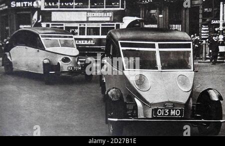 1930 -Two of Commander C D Burney's newly designed streamlined rear engine motor cars -  The Prince of Wales  was one of the cars first owners. Streamline Cars Ltd was the company responsible for making the Burney cars designed by Dennis Burney. Thirteen (completely different cars) were produced at Maidenhead,  intended as patent showcases  rather than specifically  for commercial sales. Sir Dennistoun Burney rose to fame as an airship designer, best known for his work at Howden on the R100 for Vickers.  Original price per car was around  £1,500. Streamline Cars   closed down in 1936. Stock Photo