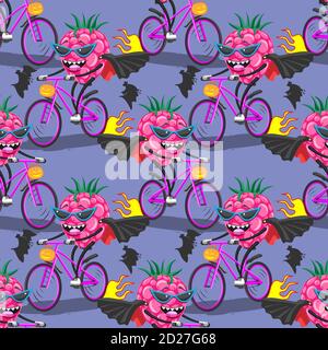 seamless pattern cartoon raspberry in sunglasses raincoat bat on bike rides Halloween, vector image Stock Vector