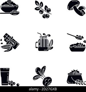 Vegetarian meals black glyph icons set on white space Stock Vector