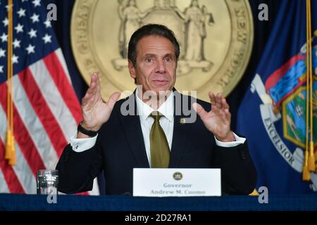 New York State Governor Andrew Cuomo holds daily media announcement and briefing at his office in Manhattan. Stock Photo