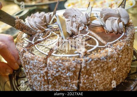 Chocolate cream cake cut into pieces close up Stock Photo