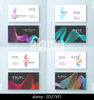 Abstract Vector Blend Wavy Symbol Logo and Business Cards Template Set. Elegant Curved Lines with Bright Colorful Gradient Stationary Layouts Stock Vector