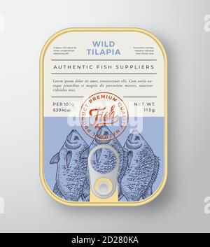 Canned River Fish Abstract Vector Aluminium Container Packaging Design or Label. Modern Typography Banner, Hand Drawn Tilapia Silhouette with Stock Vector