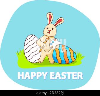 The rabbit with a brush and paints draws festive egg. Happy Easter banner. Stock Vector