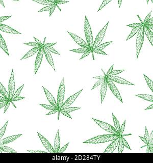 Marijuana Leaves Vector Seamless Background Pattern. Hand Drawn Hemp Sketches. Cannabis Card, Wrapping, Wallpaper or Cover Template Stock Vector