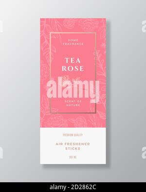 Tea Rose Home Fragrance Abstract Vector Label Template. Hand Drawn Sketch Flowers, Leaves Background and Retro Typography. Premium Room Perfume Stock Vector