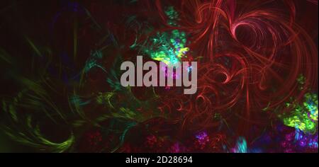 Computer generated fractal background. Abstract curls green purple and red color over dark space. Stock Photo