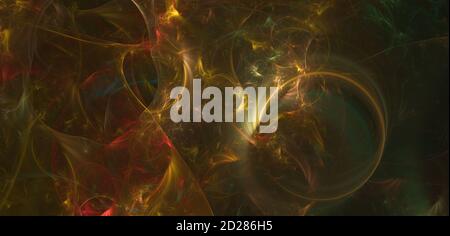 Computer generated fractal background. Abstract curls yellow and red color over dark space. Stock Photo