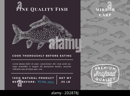 Premium Quality Mirror Carp Abstract Vector Packaging Design or Label. Modern Typography and Hand Drawn Sketch Fish Pattern Background Seafood Layout Stock Vector