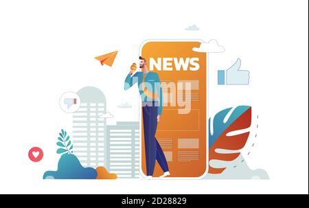 Online reading news. Young men and women are standing near big smartphone and using their own smart phones for reading news. Stock Vector