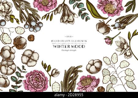 Floral design with colored ficus, eucalyptus, peony, cotton, freesia, brunia Stock Vector