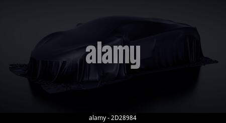 New racing design car covered with black cloth presentation. 3d rendering illustration isolated Stock Photo