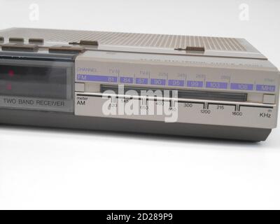 Radio, digital Clock  with vintage am fm radio in silver with alarm clock in zoom photo, Brazil, South America Stock Photo