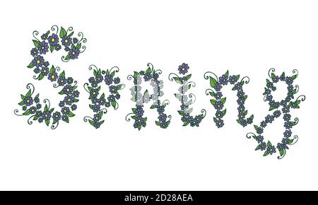 Spring word composed of flowers and petals. Hand drawn original Stock Vector