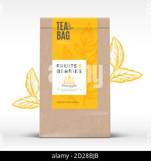 Craft Paper Bag with Fruit and Berries Tea Label. Abstract Vector Packaging Design Layout with Realistic Shadows. Modern Typography, Hand Drawn Stock Vector