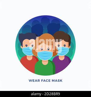 People Wearing Protective Medical Face Masks. Protection from Viruses, Air Pollution, Flu or Disease. Flat Style Vector Illustration Emblem or Sign. Stock Vector