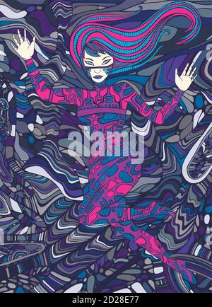 Psychedelic colorful cyberpunk girl. Surreal fantasy doodle styl Stock Vector