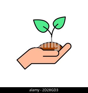 Hand holding soil color icon. Human palm holds a plant. Agriculture, farming, sustainability concept. Sprout with leaf break out. Black outline.Vector Stock Vector