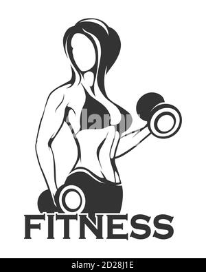 Fitness Emblem presenting Female bodybuilder lifting dumbbells silhouette isolated on white background. Vector illustration. Stock Vector