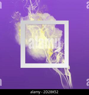 Yellow and white color paint smoke explosion with square frame on purple gradient background. Creative minimal design composition with copy space Stock Photo