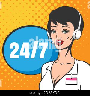 Online assistant customer and operator, online technical support 24-7 drawn in retro book style. Vector illustration Stock Vector