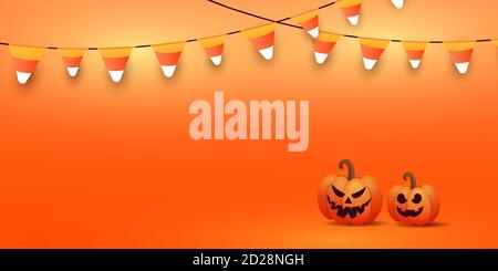 Happy Halloween banner or party invitation background with stylish pumpkin faces, glowing candy garlands on orange gradient background. Vector illustration with copyspace Stock Vector