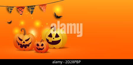 Halloween banner with jack pumpkins, black bats, colored garlands with copy space on orange gradient background Stock Vector