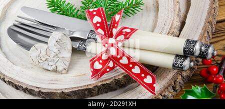 Autumn and Winter Dinner Decoration on wooden background Stock Photo