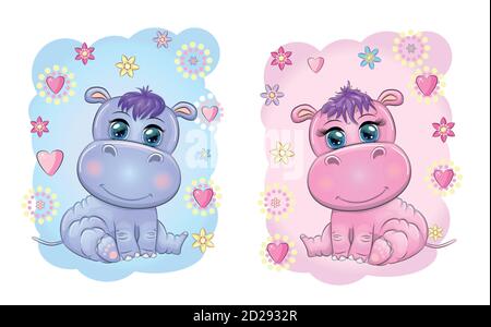 Two Cute cartoon hippo with beautiful eyes among flowers, hearts, a boy and a girl. baby shower invitation card. Stock Vector