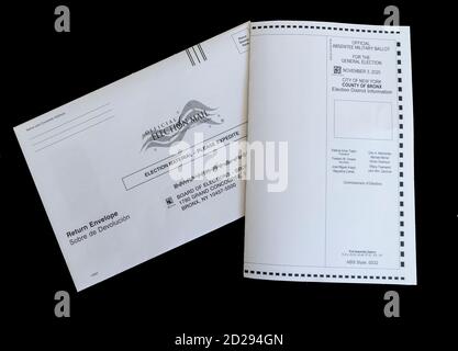 New York, United States. 06th Oct, 2020. An absentee mail in ballot for the 2020 general election seen on this photo illustration sent by Board of Election in The Bronx of New Yrok on October 6, 2020. (Photo by Lev Radin/Sipa USA) Credit: Sipa USA/Alamy Live News Stock Photo