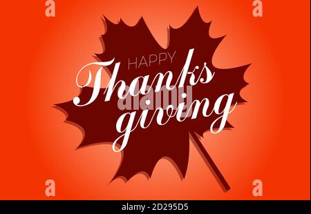 Thanksgiving greeting design with cheerful turkey and calligraphy inscription Happy Thanksgiving Day on red background with leafs pattern. Vector Stock Vector