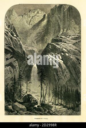 Antique illustration of Yosemite Falls, California, the highest waterfall in North America. Engraving published in Picturesque America or the Land We Stock Photo