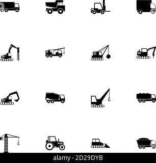 Construction Vehicles icon - Expand to any size - Change to any colour. Perfect Flat Vector Contains such Icons as building crane, asphalt paver, dril Stock Vector
