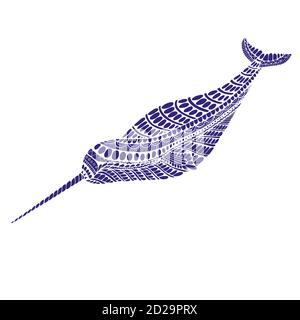 Fantasy ornamental narwhal blue color. Stock Vector