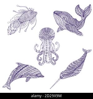 Set of marine doodle animals ornament coloring. Stock Vector