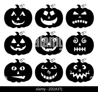 Halloween pumpkin silhouette collection isolated on white. Scary face expression vector set. Funny jack o lantern smile. Cartoon design elements of ev Stock Vector
