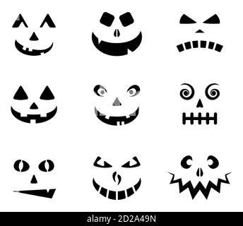 Halloween carved faces silhouettes collection. Jack o lantern scary emotions cartoon vector set isolated on white. Set of ghost or monster expressions Stock Vector