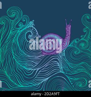 Fantasy snail and wave, deep blue color page. Stock Vector