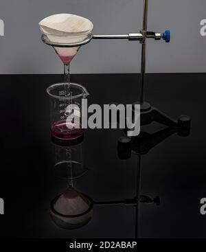 Filter paper in laboratory. Scientists are chemical filtration by filtering through filter paper in a glass funnel, Close up Stock Photo