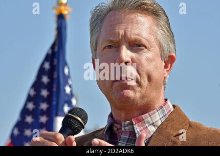 EMPORIA, KANSAS, USA, October 6, 2020 Congressman Dr. Roger Marshall Republican senatorial candidate talks to supporters today at the Lyon County fairgrounds  when the “Keep Kansas Great Bus Tour” stopped in Emporia today Stock Photo