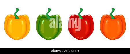 Set of paprika in different colors isolated on white background. Red, green, orange, yellow peppers collection.Capsicum bell.Stock vector illustration Stock Vector