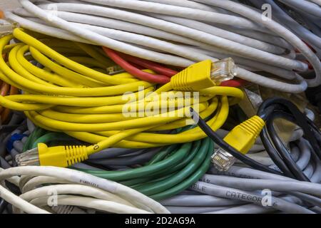 Multicolored network computer wires, close-up Stock Photo