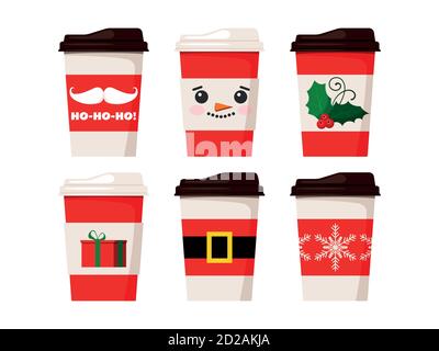 Merry Christmas coffee cups isolated on white background. Stock Vector
