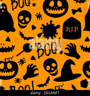 Happy Halloween Seamless pattern. Pumpkin Jack, Skull, Spiders, Sweets and Scary Boo. Vector holiday design surface texture. Cartoon black Stock Vector
