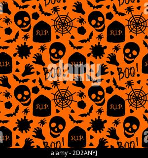Happy Halloween Seamless pattern. Skull, Spiders, Sweets, zombie hands and Scary Boo. Vector holiday design surface texture. Cartoon black Stock Vector